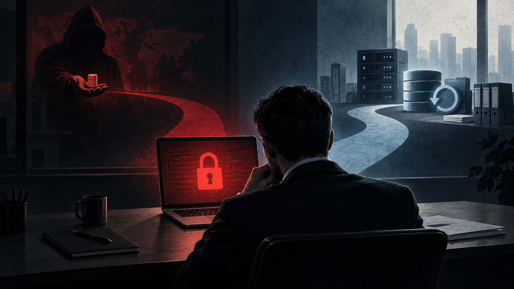 Ilustración editorial de un ejecutivo frente a una computadora bloqueada por ransomware. A la izquierda, una figura encapuchada representa al atacante y el camino hacia el pago del rescate; a la derecha, servidores, copias de seguridad y recuperación simbolizan una alternativa basada en preparación y continuidad operativa.
