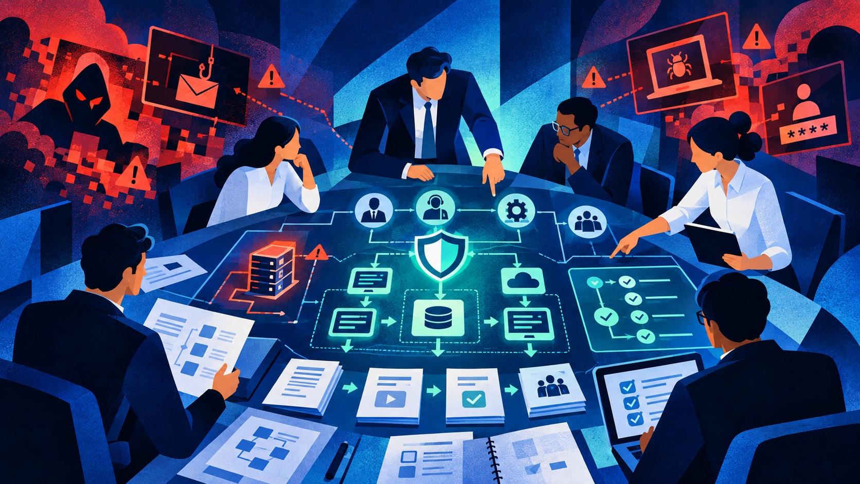 respuesta a incidentes Plan de respuesta a incidentes ilustrado como un mapa estratégico que conecta activos, responsables, comunicaciones y medidas de protección frente a distintos ataques informáticos.
