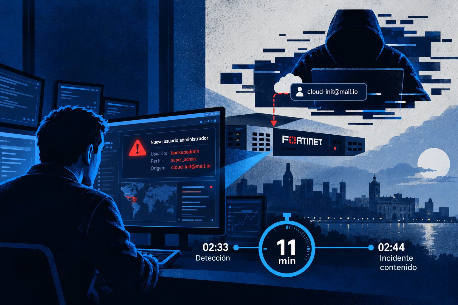Ilustración editorial nocturna sobre ciberseguridad: un analista monitorea una alerta por la creación del usuario administrador “backupadmin” en un firewall Fortinet, mientras una figura encapuchada representa al atacante