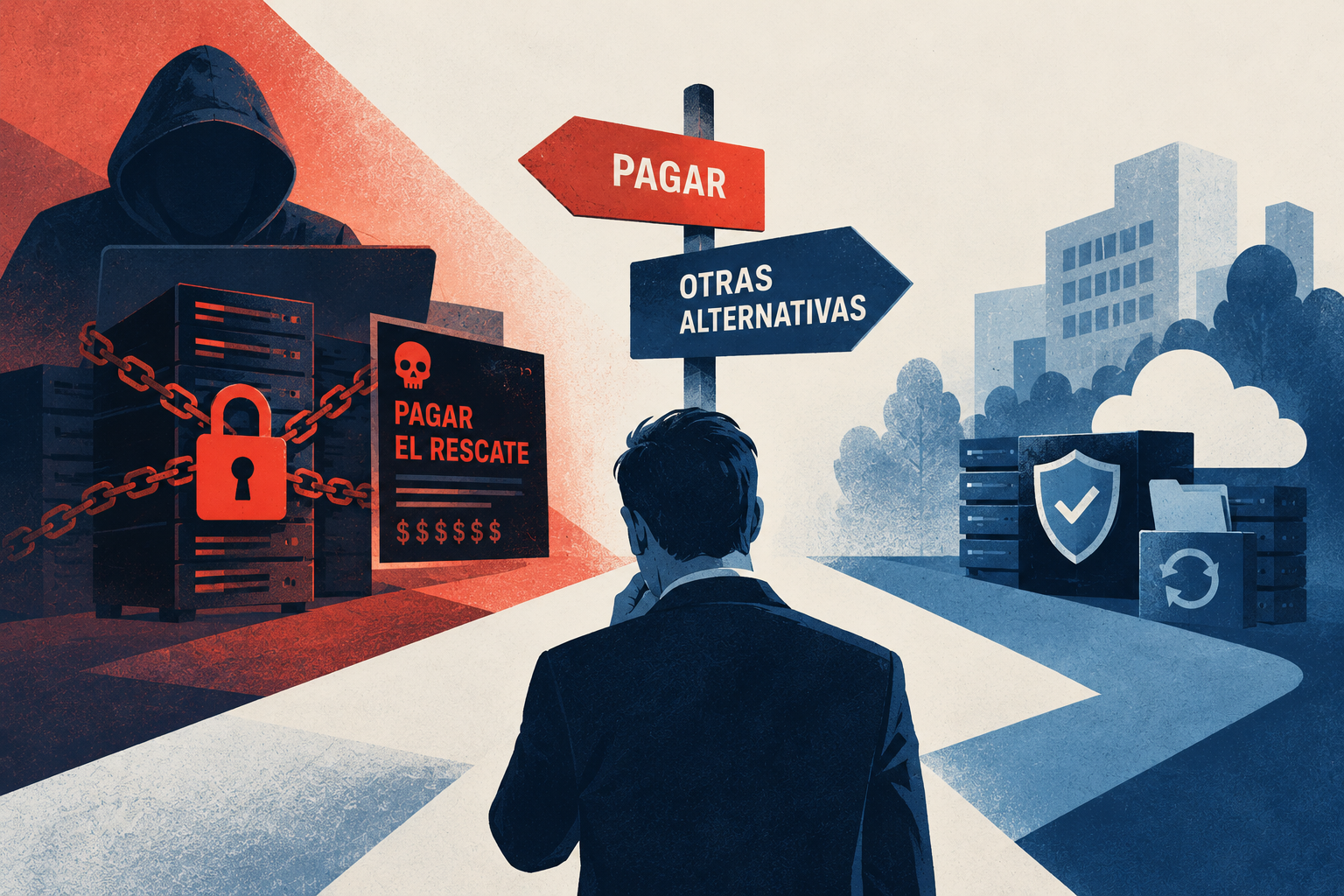Ilustración editorial conceptual de una empresa ante una decisión por ransomware. Un ejecutivo observa una bifurcación: un camino rojo conduce al pago del rescate, con un atacante y servidores bloqueados; el camino azul conduce a otras alternativas, representadas por backups, infraestructura protegida y recuperación de sistemas.